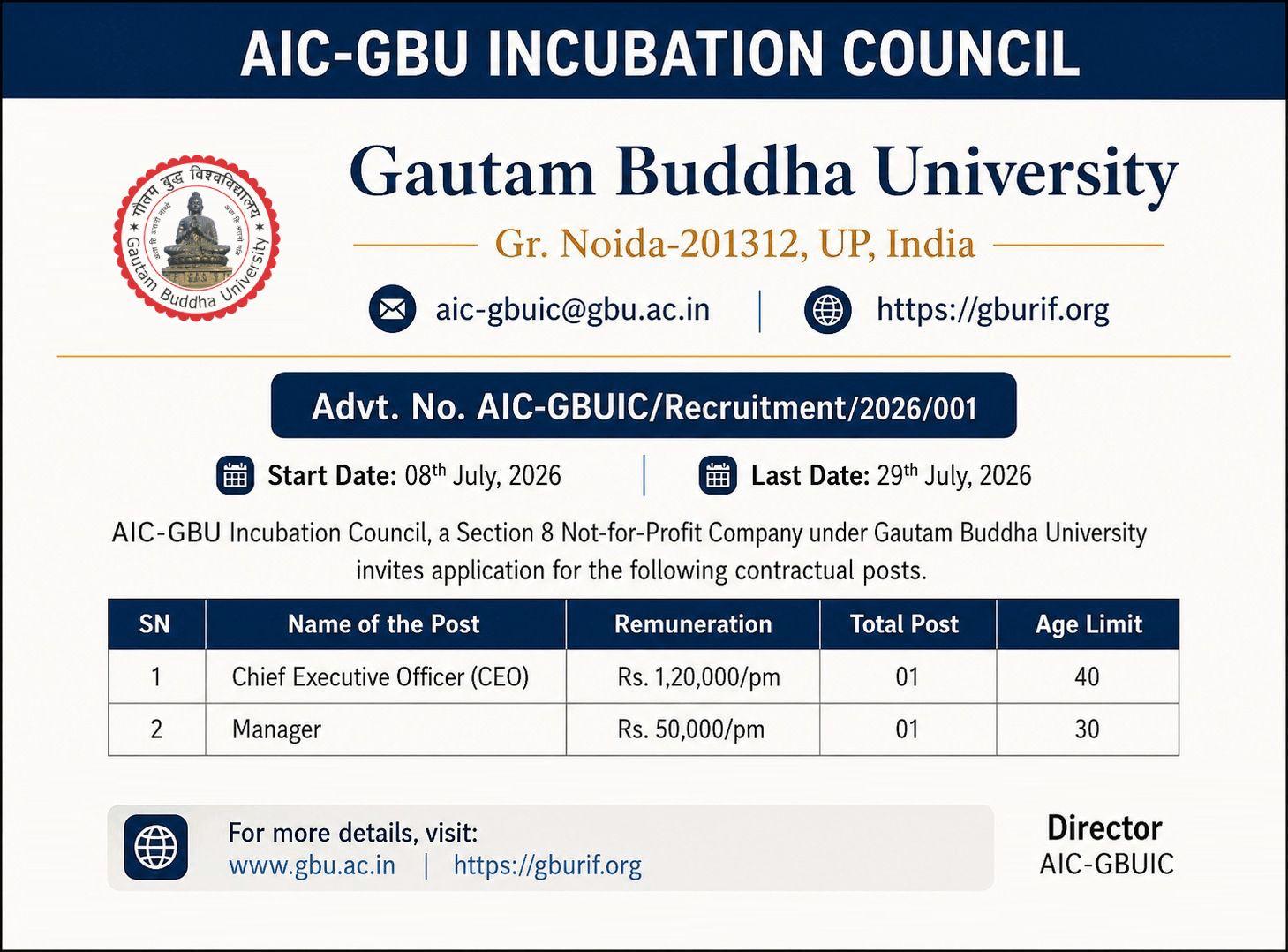 AIC-GBU Incubation Council recruitment notice for CEO and Manager